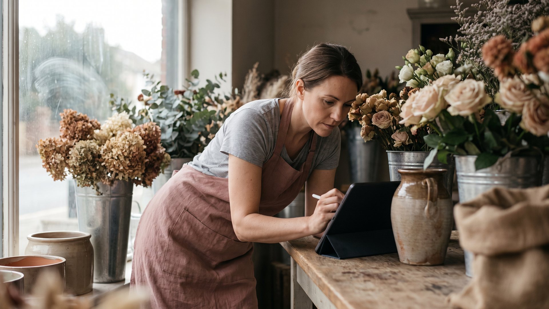 Une femme en tablier écrit quelque chose avec un stylet sur une tablette dans une boutique de fleurs