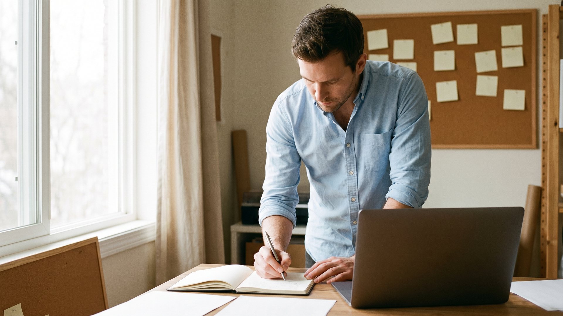 Um homem está junto a uma mesa num escritório doméstico e anota uma lista de temas num caderno ao lado de um computador portátil, com um quadro de notas na parede