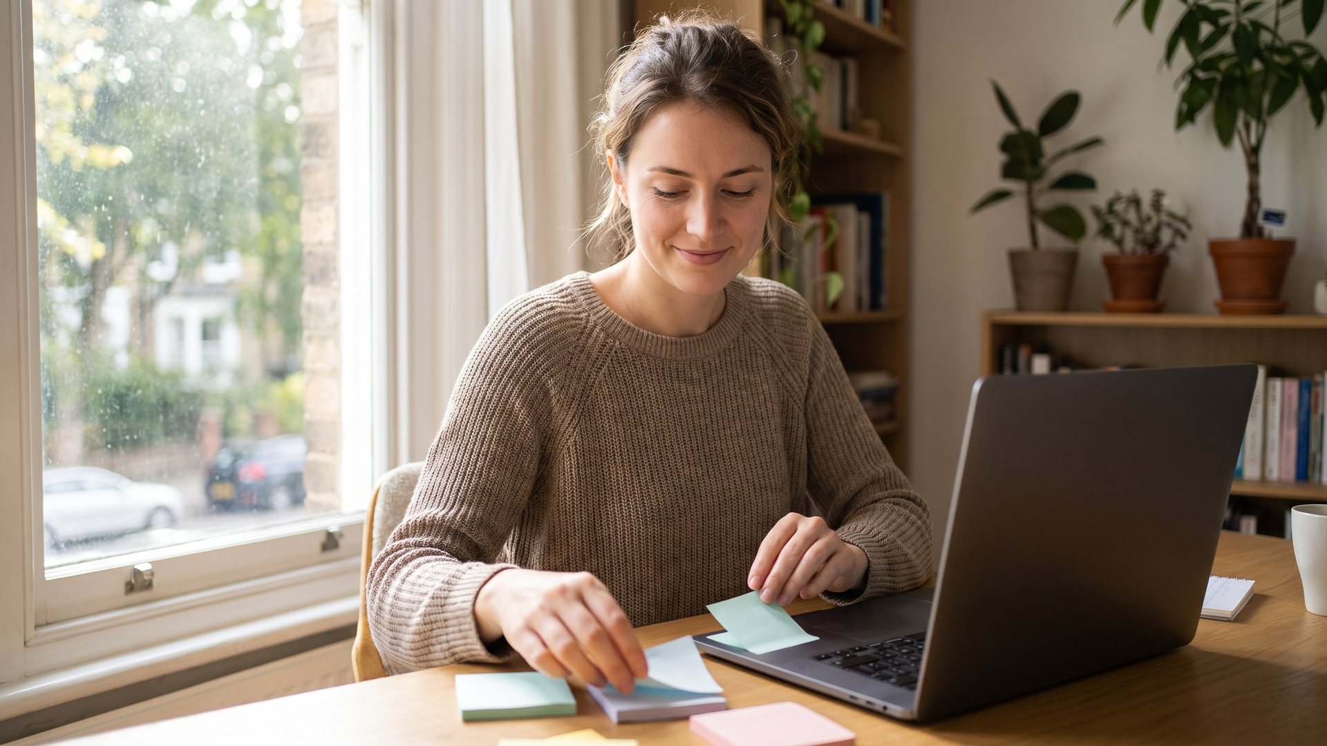 Mladá žena uspořádá lístky s otázkami klientů vedle laptopa