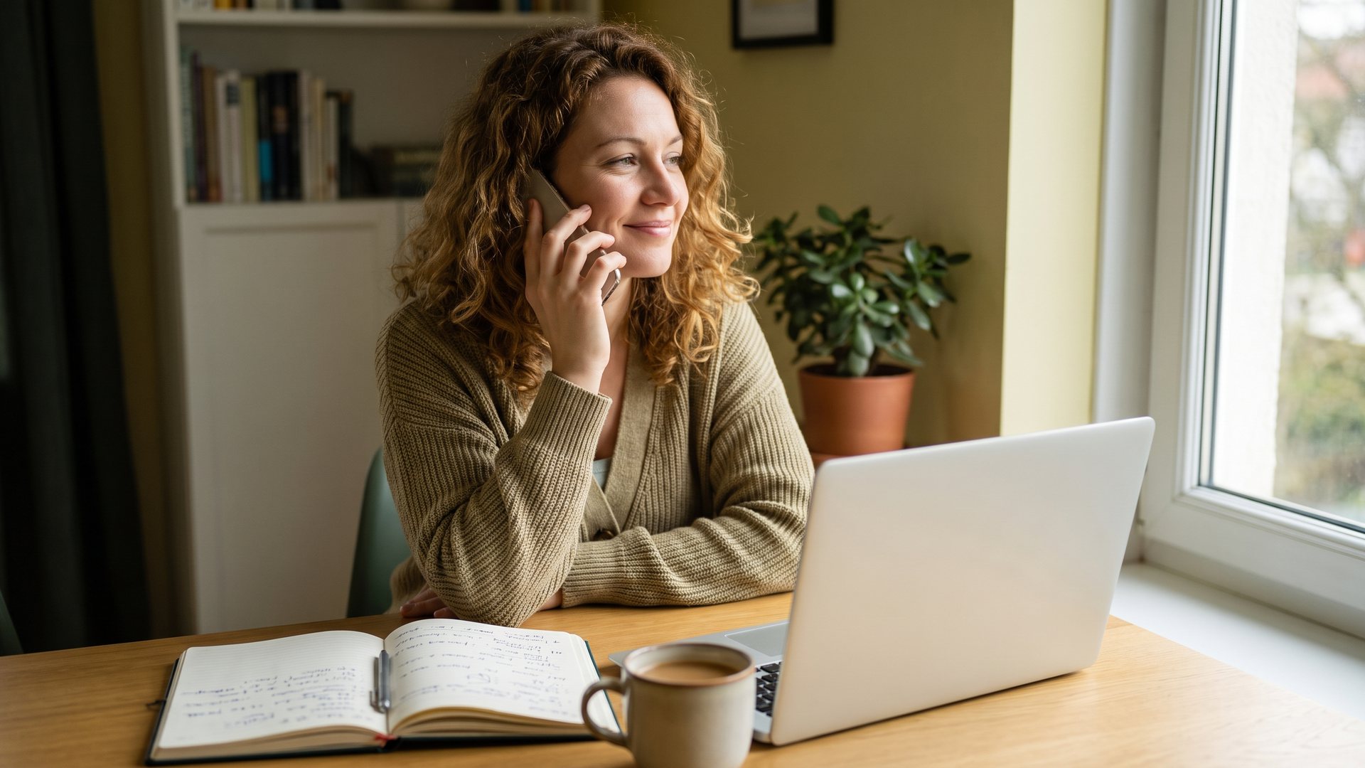 Woman talking on the phone at a sunny desk with laptop and notebook