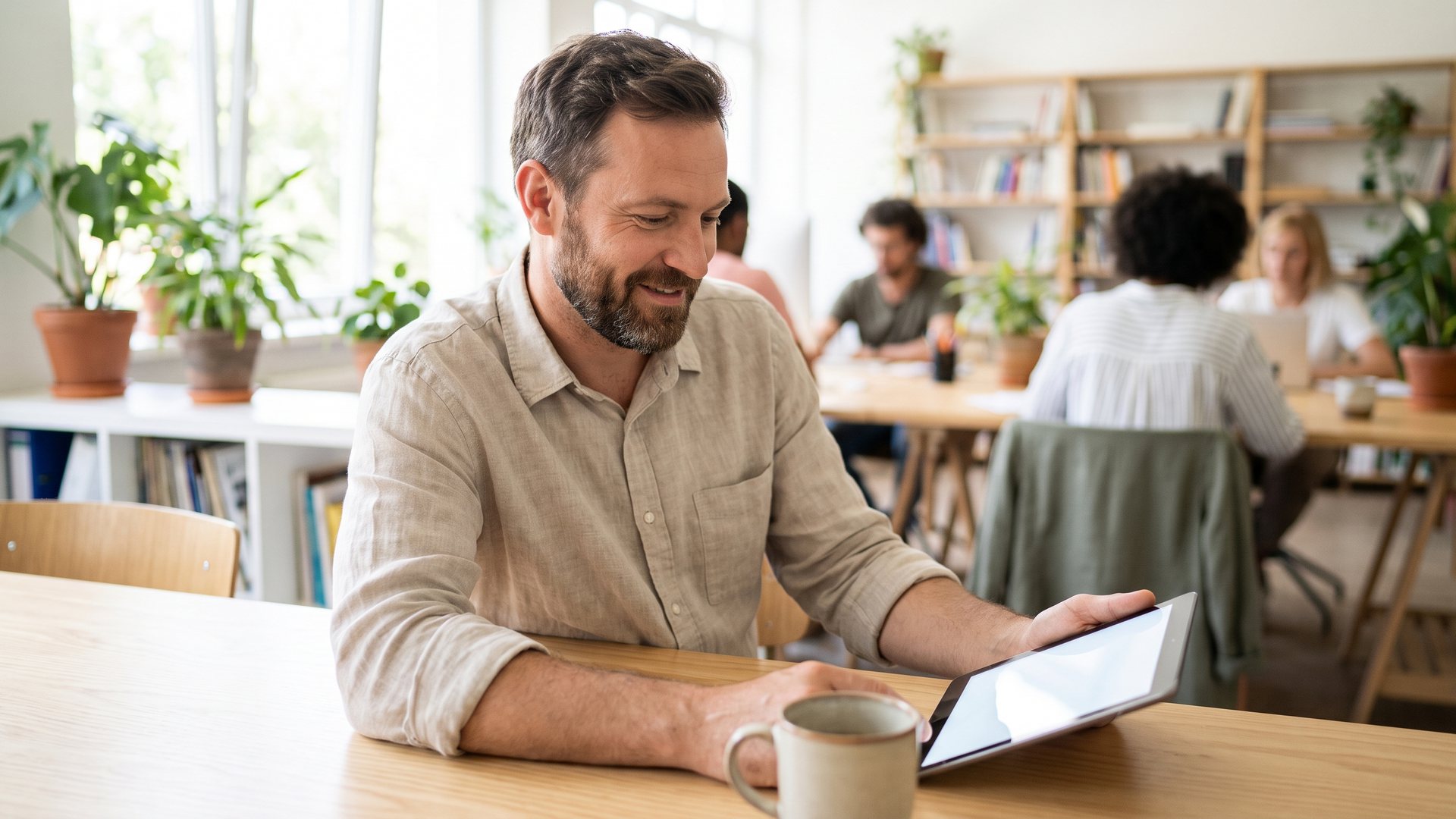 Un homme lit un document sur une tablette à un bureau dans un bureau ensoleillé