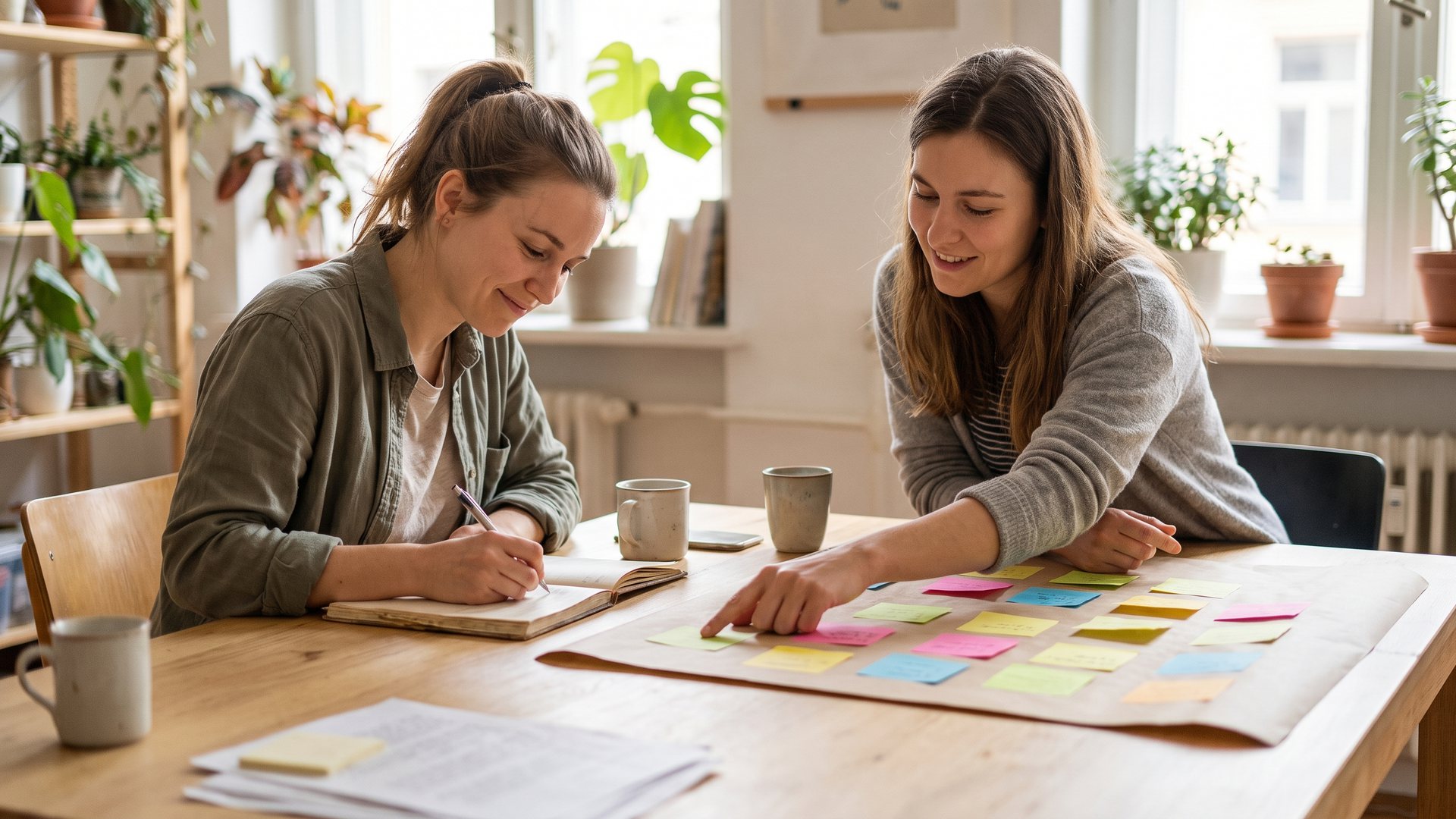 Dos jóvenes trabajando juntas en una mesa con notas adhesivas de colores en un gran papel