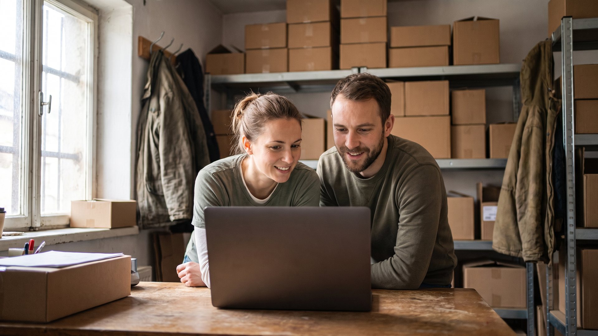 Une femme et un homme regardent ensemble un ordinateur portable à l'arrière du magasin