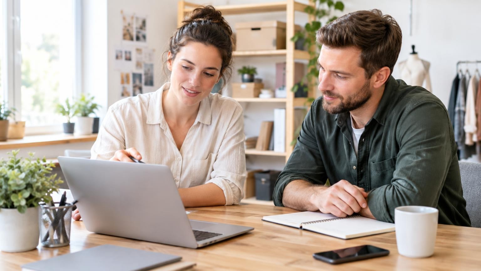 Junge Unternehmerin bespricht ruhig mit einem Mitarbeiter den Themenplan an einem Laptop in einem hellen Büro eines kleinen Unternehmens