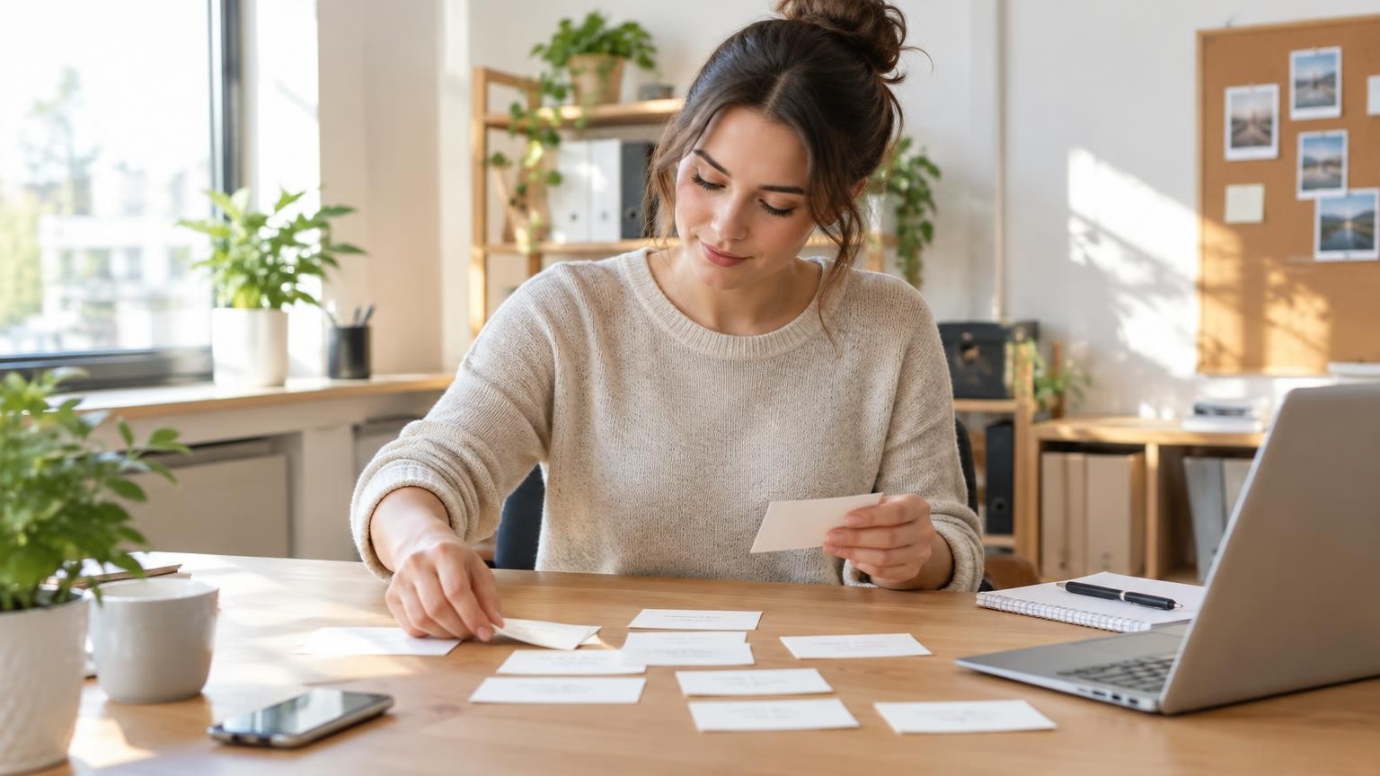 Una joven empleada organiza las preguntas de los clientes en tarjetas sobre el escritorio en una luminosa oficina de una pequeña empresa, concentrada y serena