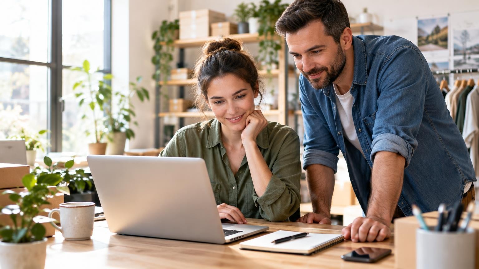 Dipendente di una piccola azienda di servizi consulta la pagina dell'offerta e un articolo di guida pratica su un laptop in un ufficio luminoso