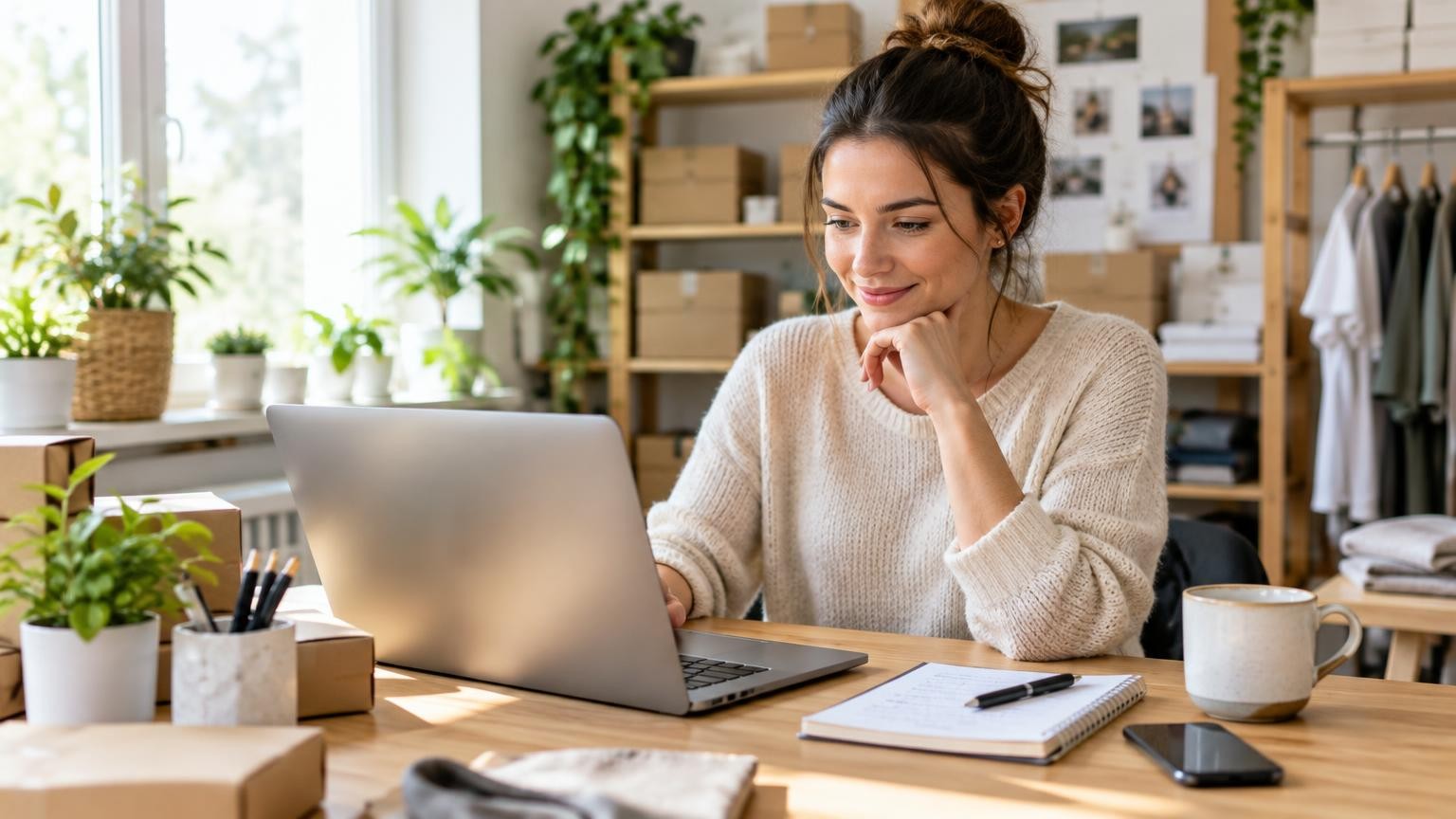 Small service firm employees at a desk reviewing content for their business blog