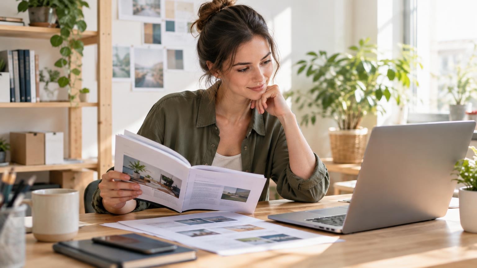 Ung företagare jämför lugnt en utskriven guide och webbdesign vid laptopen på ett ljust kontor