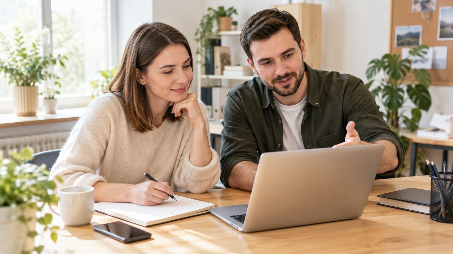 Due colleghi calmi discutono le domande dei clienti davanti a un laptop e appunti in un ufficio luminoso di una piccola azienda