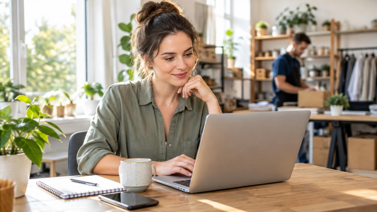 Empleado de una pequeña empresa de servicios revisando una página de ofertas en un portátil en un escritorio con luz natural