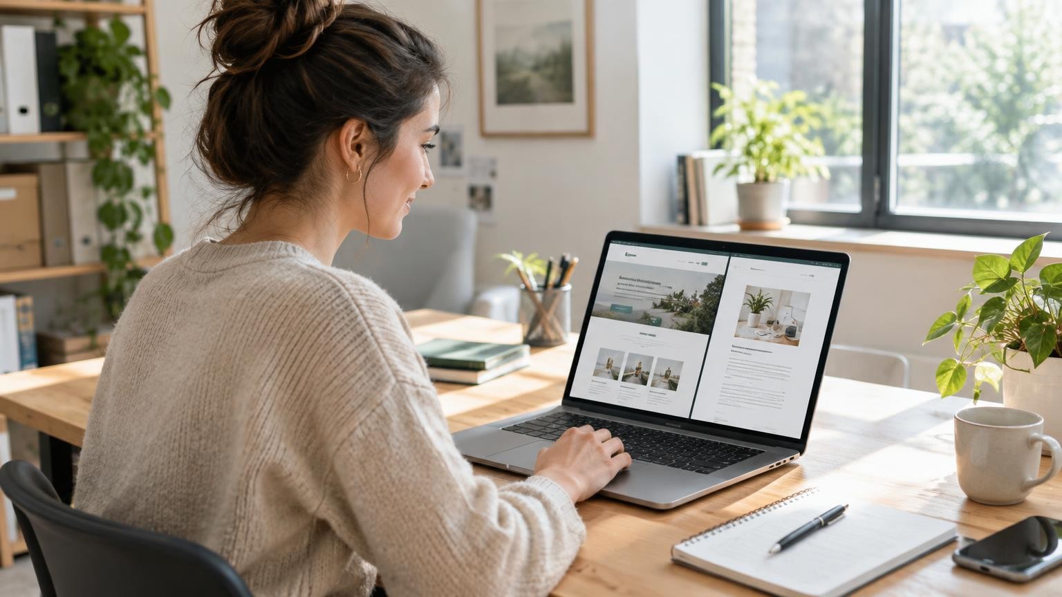 Una giovane dipendente controlla tranquillamente il layout della pagina e dell'articolo su un laptop in un ufficio luminoso di una piccola azienda