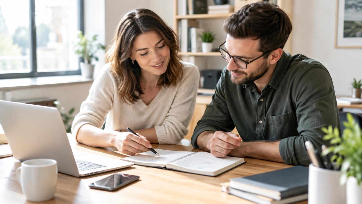 Uma jovem proprietária de uma empresa de serviços planeia temas com um funcionário à mesa num escritório claro e tranquilo