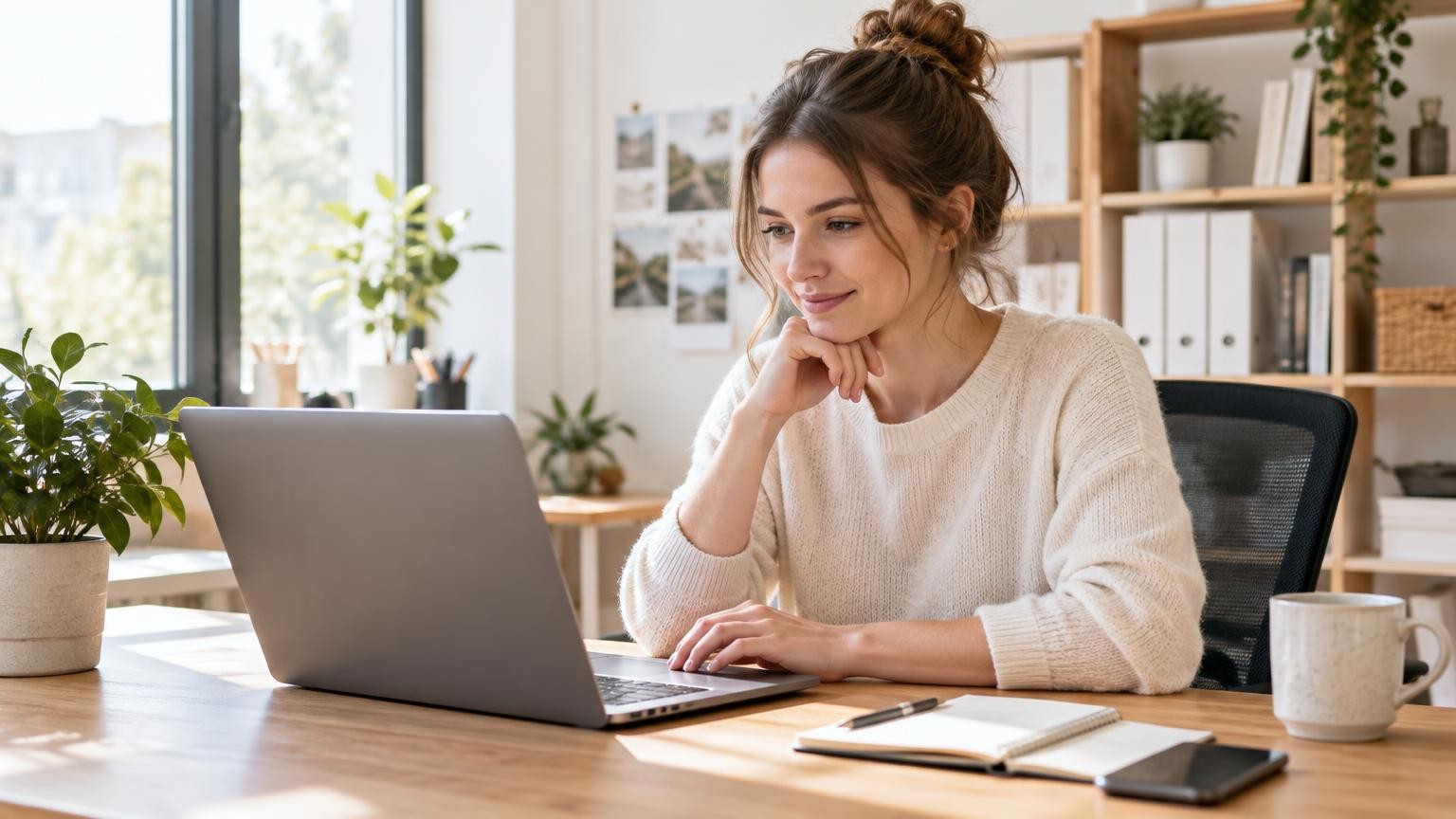 Junge Mitarbeiterin prüft ruhig die Adressen von Unterseiten auf ihrem Laptop am Schreibtisch in einem hellen Büro eines kleinen Unternehmens