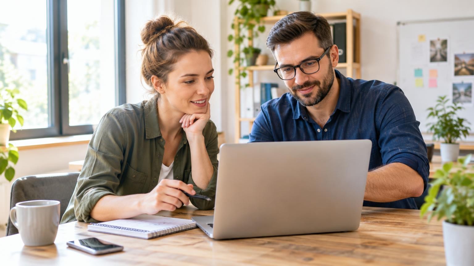 Deux collègues d'une petite entreprise discutent calmement d'un projet de réponse sur un ordinateur portable à une table dans un bureau lumineux