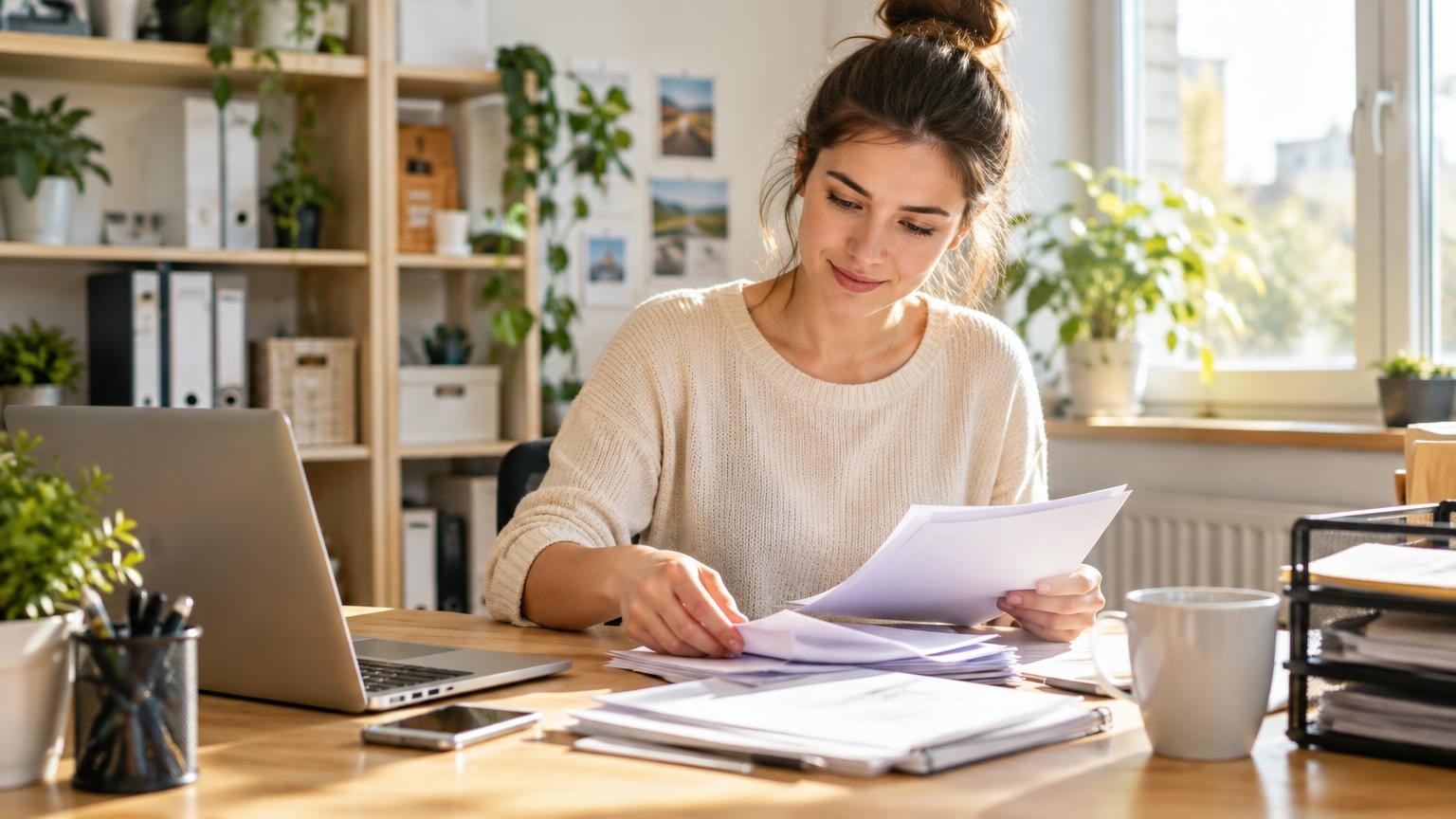 Une jeune collaboratrice d'une petite entreprise organise ses messages et ses documents à un bureau dans un bureau lumineux, calme et concentrée