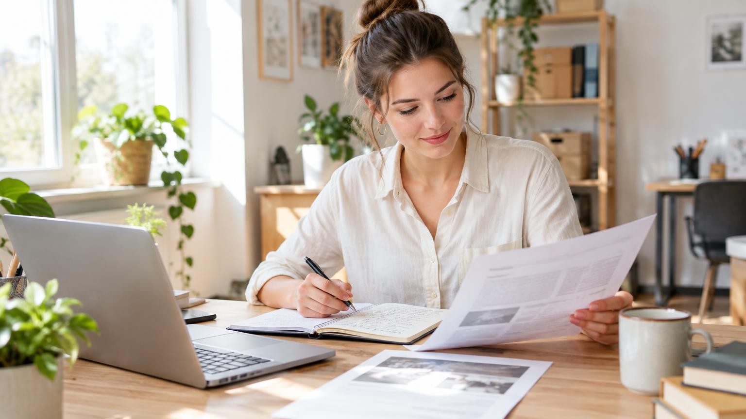 A young business owner calmly compares a printed article with notes at a table in a bright service office