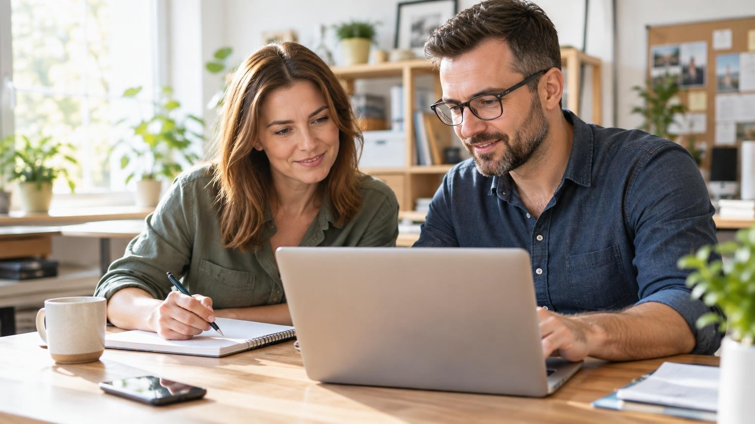 Two mid-career colleagues calmly sort through customer questions at a laptop in a bright small business office